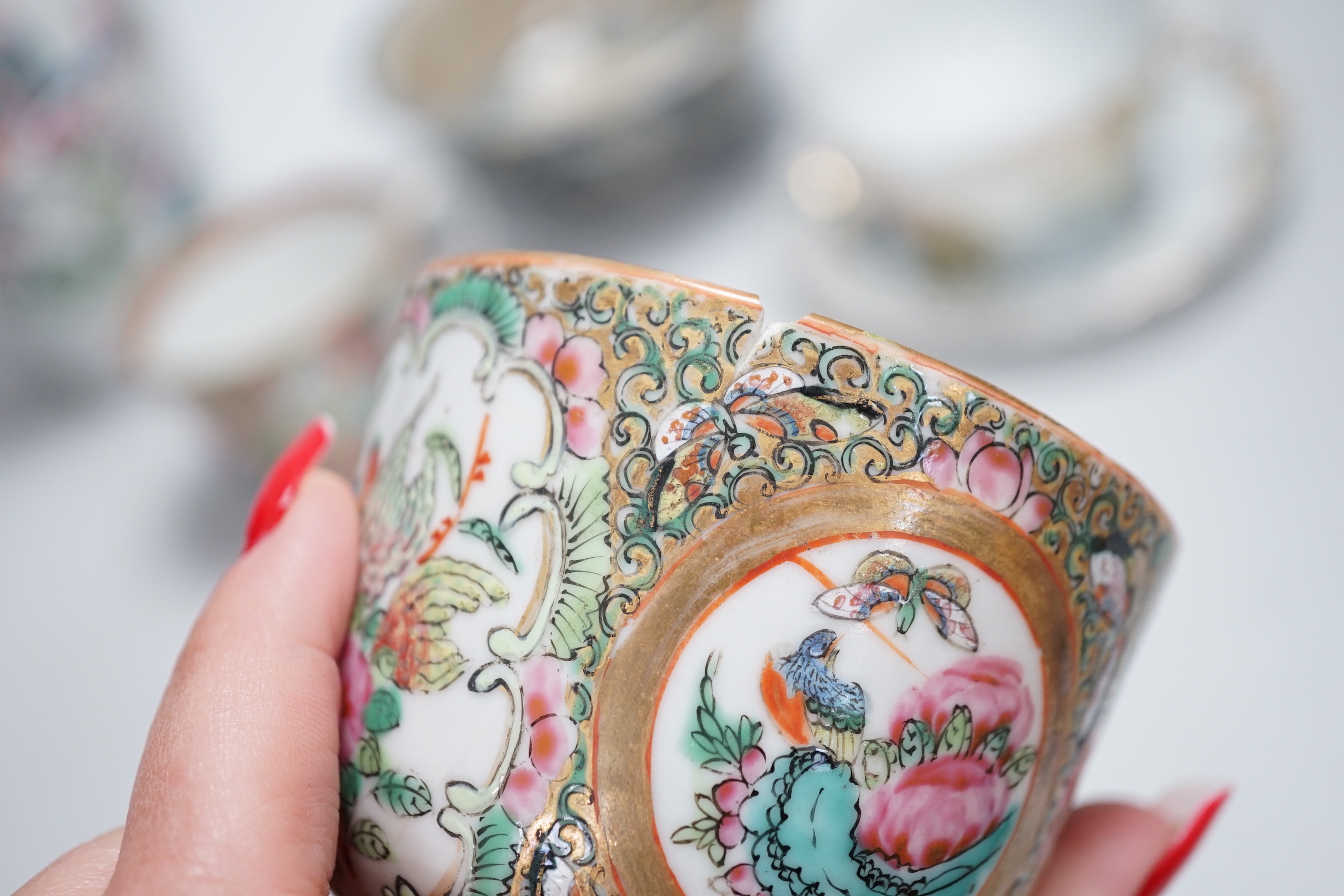Chinese and Japanese ceramics including Canton cups and blue and white tea bowl, the largest 25cm high